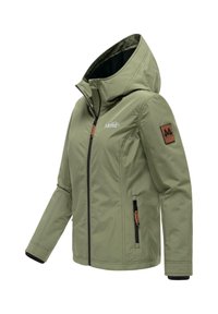 Veste à capuche vert olive clair avec fermeture éclair à l'avant, doublure intérieure noire, poches latérales zippées et une écusson logo marron sur le bras gauche.