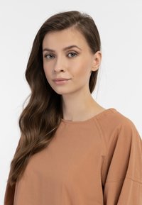 Rustfarvet bluse med rund halsudskæring, lange ærmer og blødt stof. Har raglan-sømme og en afslappet pasform med minimal detaljering.
