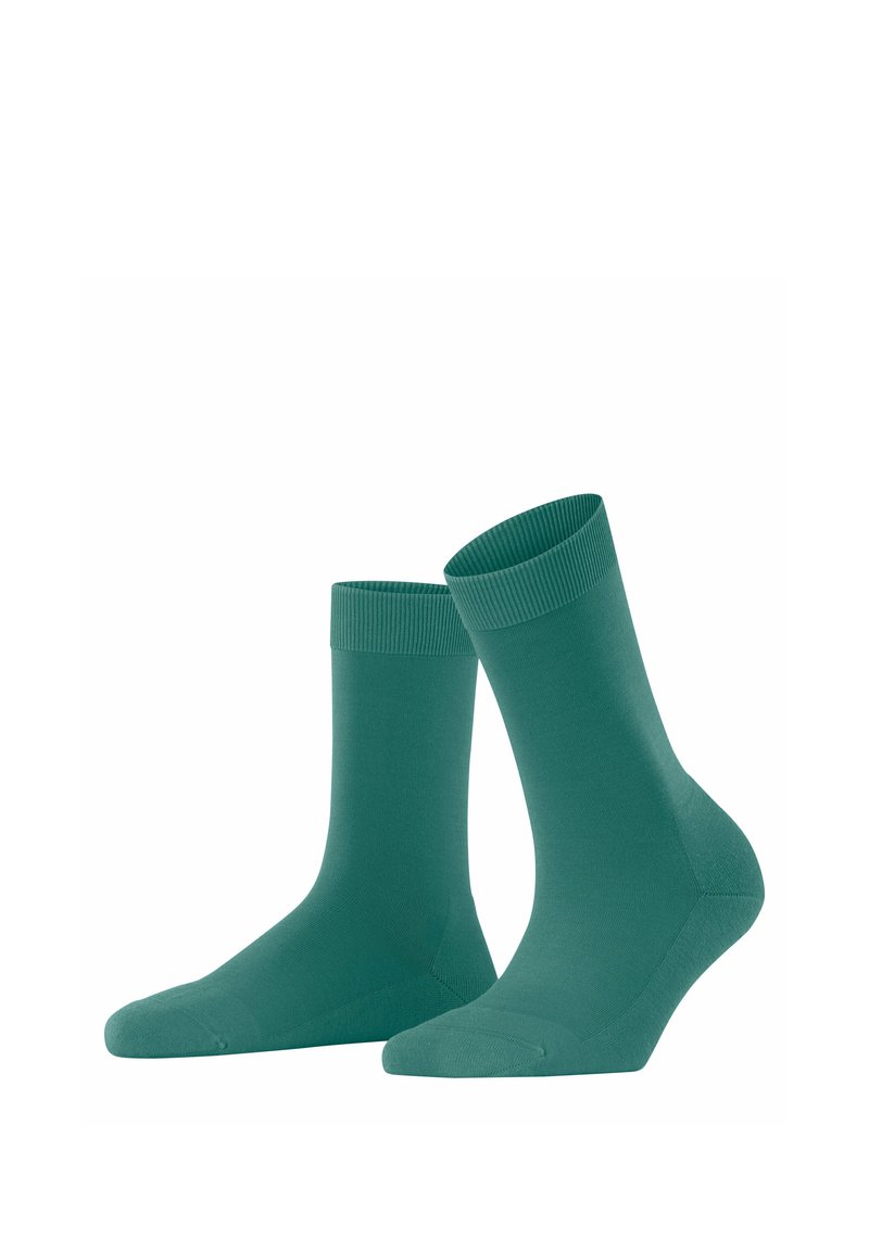 Türkise Baumwollsocken mit gerippten Bündchen, mittellang, glatte Textur und verstärktem Zehenbereich. Geeignet für legere und formelle Anlässe.