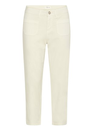 Pantalones de algodón color crema con un diseño de pierna recta, cinco bolsillos y cierre frontal con botón. Textura suave, estilo casual.