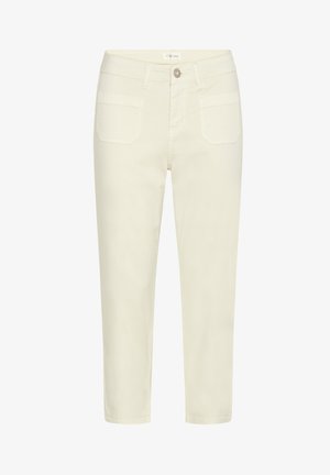 Kræmfarget bomuldsbukser med lige ben, fem lommer og frontknaplukning. Glat tekstur, afslappet stil.