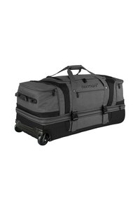 Grau gestreifter Duffelbag mit doppelten Obergriffen, Reißverschlusstaschen und -paneelen, versehen mit einem robusten schwarzen Boden und weichem, strukturiertem Stoff.