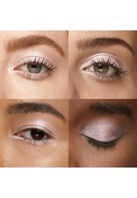 Fyra närbilder på olika ögon som visar mjuk rosa skimrande ögonskugga och definierade fransar, med ett öga stängt för att visa full makeup.