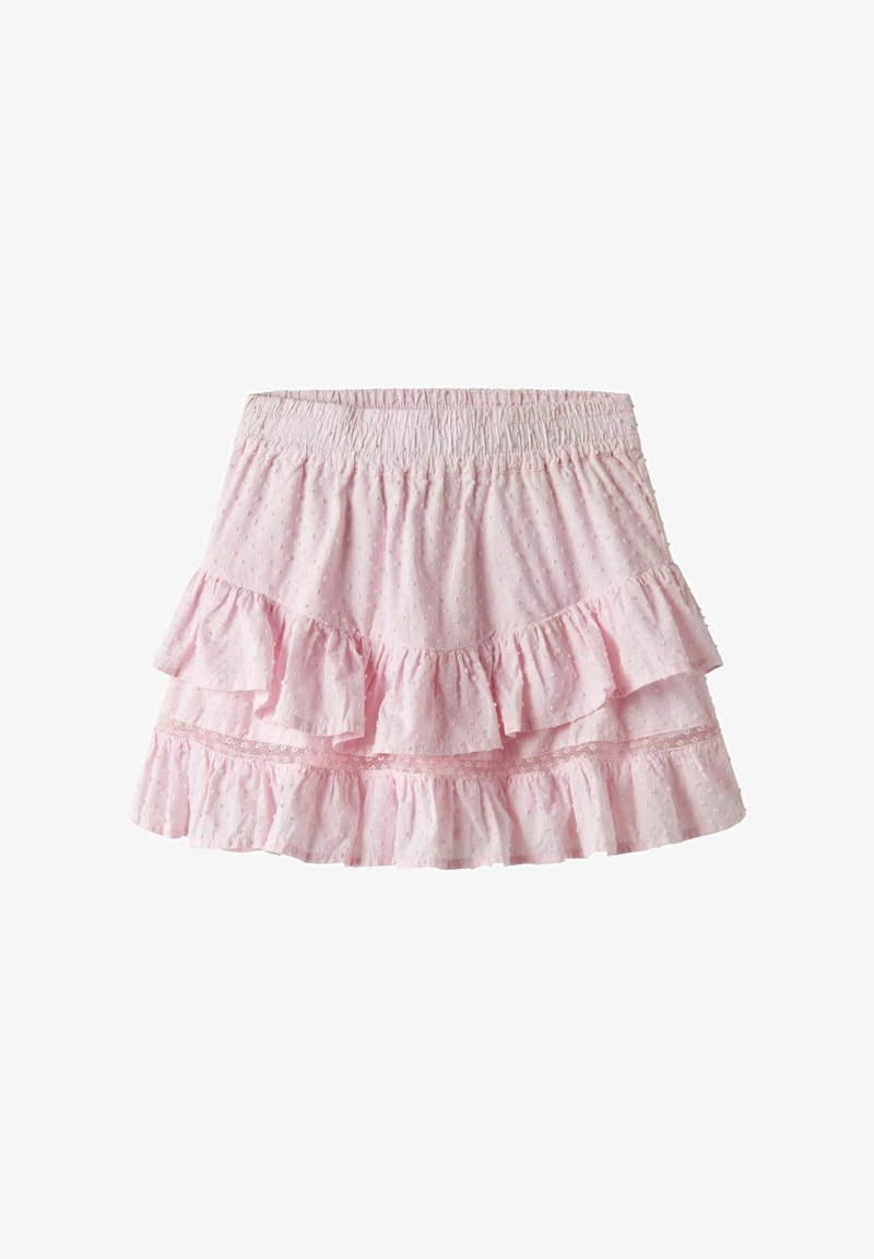 Jupe en coton rose avec plusieurs volants, une taille élastique et de petits motifs en pois sur toute la surface.