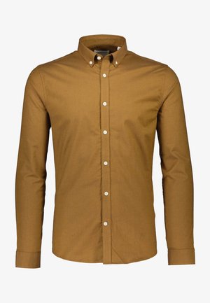 Ruskea pitkähihainen paita, jossa on nappikaulus, nappikiinnitys edessä ja sileä rakenne.