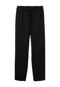 Schwarze Hose mit elastischem Bund, gebundenem Gürtel-Detail, zwei Seitentaschen und geradem Bein-Design. Glatte Stofftextur.