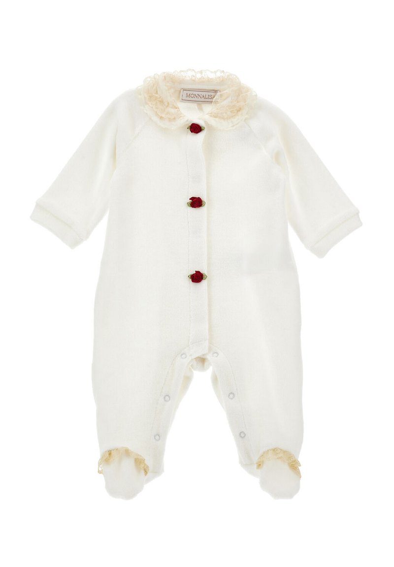 Witte gebreide jumpsuit met een kanten kraag, rode rozenknopen en geplooide accenten bij de voeten. Drukknopen voor makkelijk aankleden.