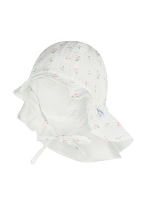 White cotton sun hat with a ruffled brim, featuring a repeated pink flower pattern, adjustable chin strap, and soft texture.