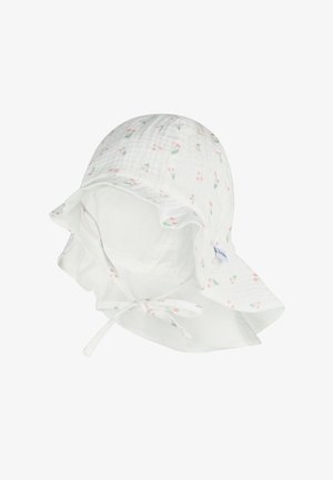 White cotton sun hat with a ruffled brim, featuring a repeated pink flower pattern, adjustable chin strap, and soft texture.