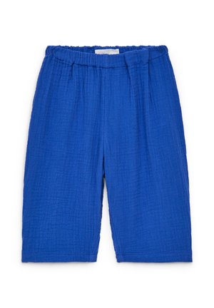 Shorts pour enfants en tissu bleu texturé avec taille élastique et coupe droite.