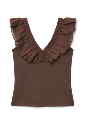 Terranova, TOP ADERENTE CON SCOLLO A V E VOLANT - T-shirt con stampa - cacao