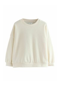 Ljuscremefärgad sweatshirt gjord av textil med struktur. Har en rund krage och lång ärm med samlade manschetter samt en figurnära nederkant.