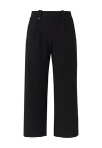 Schwarze, kurz geschnittene Hose aus glattem Stoff, mit flachem Bund, zwei Knöpfen an der Taille und weitem Beinformat.