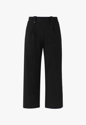 Pantaloni neri cropped realizzati in un tessuto liscio, con vita piatta e due bottoni, design a gamba larga.