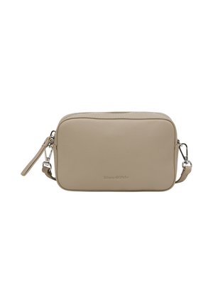 Sac bandoulière rectangulaire en cuir beige avec fermoirs argentés, fermeture éclair et sangle amovible.