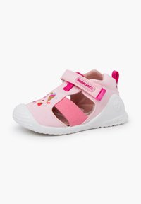 Pink children's sandal made of fabric with a rubber sole, featuring cross-strap design, Velcro closure, and embroidered ice cream and hearts.