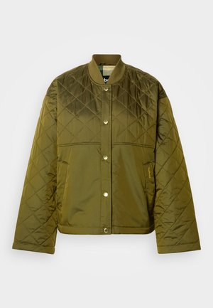 Oliiviroheline tikitud bomber-jope soonikkoelise krae, trukikinnituse ja tekstuurse kangaga. Omaduseks on puhas, minimalistlik disain.