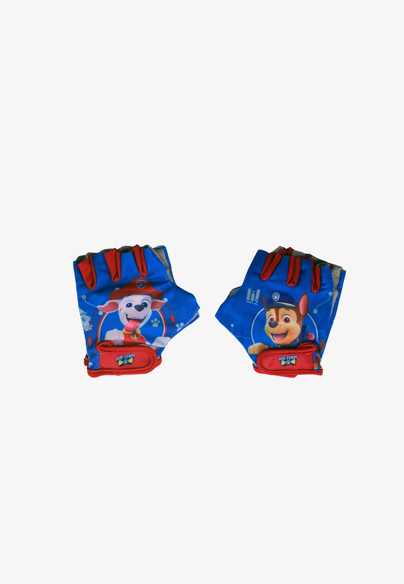 Kinder-Halbfingerhandschuhe in Blau und Rot mit den Charakteren Marshall und Chase aus Paw Patrol, ausgestattet mit Klettverschlüssen mit der Aufschrift "One Team".