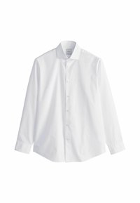 Chemise blanche à manches longues en coton, avec un col pointu, une patte de boutonnage à l'avant et des poignets. Texture lisse sans motifs.