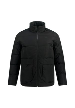 Chaqueta acolchada negra con cuello alzado, cremallera frontal y dos grandes bolsillos delanteros. Tejido suave con paneles acolchados para aislamiento.