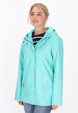 Aquamarine waterproof jacket with a hood, front zipper, snap buttons, and side pockets. Features a smooth texture and simple design.