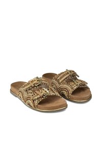 Braune Riemchensandalen mit Perlenmuster, ausgestattet mit zwei metallischen Schnallen. Weicher Wildleder-Look auf der Fußbett, filigrane Muster in gedämpften Tönen.