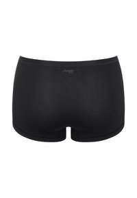 Schwarze Shorts aus glattem Stoff, mit einem Logo am Bund. Das Design bietet eine bequeme Passform mit einem tief sitzenden Schnitt.