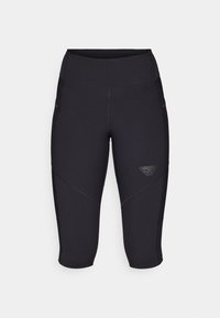 Juodos capri ilgio leggingai su lygiu paviršiumi, su šoninėmis kišenėmis ir logotipu apatiniame kairiajame šlaunyje. Kontrastinės siūlės detalės.