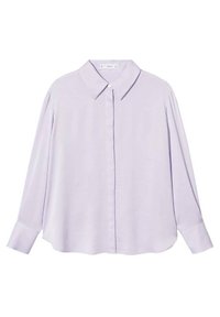 Chemise à manches longues de couleur violet clair avec un col classique, des boutons sur le devant et une coupe décontractée. Tissu lisse avec un léger éclat et ourlet arrondi.