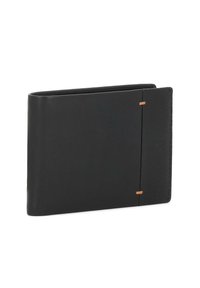 Čierna kožená peňaženka s minimalistickým dizajnom, s hladkou textúrou, obdĺžnikovým tvarom a mosadznými akcentmi na švoch.