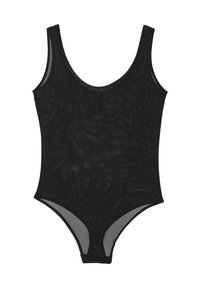 Body nero realizzato in tessuto trasparente, con scollo a barca, spalline larghe e un design aderente con una consistenza liscia e morbida.