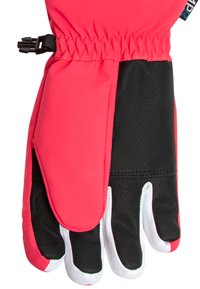 Guante de invierno con un tejido superior de color rosa brillante, palma sintética negra, costuras reforzadas y puntas de los dedos blancas para ofrecer agarre y flexibilidad.