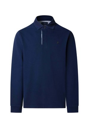 Polo a maniche lunghe navy, tessuto di cotone, colletto classico, patta con due bottoni, interno a quadretti, logo ricamato sul petto.