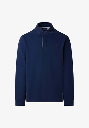 Polo a maniche lunghe navy, tessuto di cotone, colletto classico, patta con due bottoni, interno a quadretti, logo ricamato sul petto.