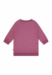 Felpa in cotone viola a maniche lunghe con scollatura a costine, orlo a doppia cucitura e chiusure a pressione sulla spalla per una facile vestizione.