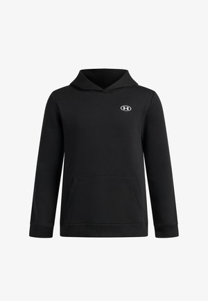 Sudadera negra con capucha y mangas largas, bolsillo delantero tipo canguro y pequeño logo blanco de Under Armour en la parte superior del pecho, mostrada sobre fondo blanco.