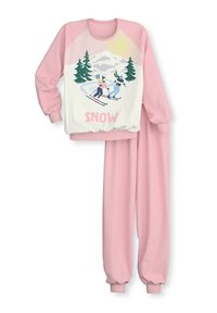Roze sweatshirt met een witte voorkant met een skiscène en de tekst "SNOW". Vergezeld van bijpassende roze broeken met elastische boorden.