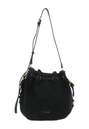 Sac seau noir Liu Jo avec bandoulière réglable, œillets dorés, fermeture à cordon et détail logo à l'avant.