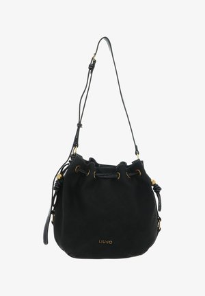 Sac seau noir Liu Jo avec bandoulière réglable, œillets dorés, fermeture à cordon et détail logo à l'avant.