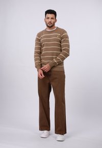 Bruine gestreepte trui met ribgebreide manchetten en zoom, gecombineerd met bruin flanelen broek. Model draagt witte sneakers. Eenvoudig, casual ontwerp.