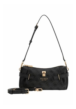 Sac à main noir avec un motif texturé, ferrures dorées, fermeture éclair et sangle réglable. Présente une forme ovale compacte avec des détails de logo.