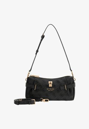 Sac à main noir avec un motif texturé, ferrures dorées, fermeture éclair et sangle réglable. Présente une forme ovale compacte avec des détails de logo.