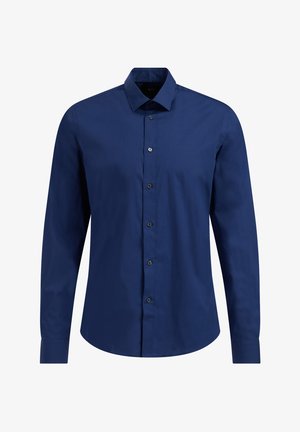 Navyblaues Langarmhemd, mit Knopfverschluss, aus glattem Stoff, mit Kragen, sechs Knöpfen und einfachen Manschetten.