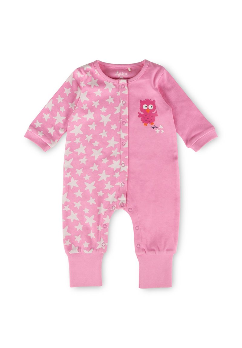 Rosa Overall mit einem weißen Sternenmuster auf einer Seite und einem Cartoon-Eulen-Design auf der Brust. Verfügt über Druckknopfverschlüsse und lange Ärmel.