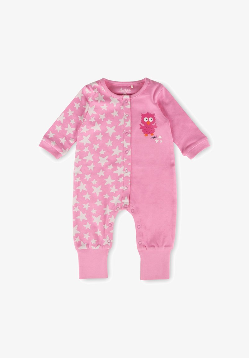 Rosa Overall mit einem weißen Sternenmuster auf einer Seite und einem Cartoon-Eulen-Design auf der Brust. Verfügt über Druckknopfverschlüsse und lange Ärmel.