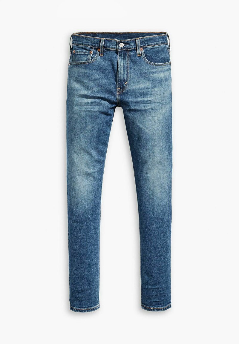 Jeans in denim blu con un design slim-fit, dotati di chiusura a bottone, cinque tasche e dettagli sbiaditi sul tessuto.
