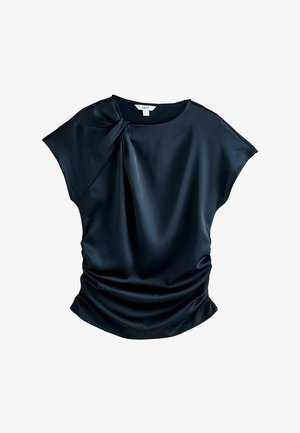 Top blu navy a maniche corte realizzato in tessuto liscio, con un design arricciato e un accento annodato sulla spalla sinistra.