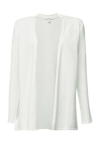 Bílá cardigan z lehkého materiálu s otevřeným předním dílem, dlouhými rukávy a volným střihem. Má hladkou texturu a žádné zapínání.