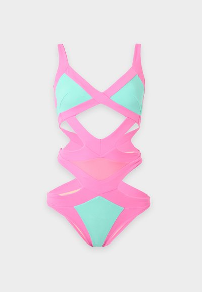 One-piece swimsuit with pink and light blue panels, featuring multiple cutouts and crisscross straps on the front and sides.