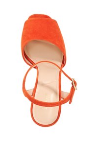 Orange suede open-toe high-heeled sandal features a wide front strap, thin ankle strap with gold buckle, and smooth beige insole.